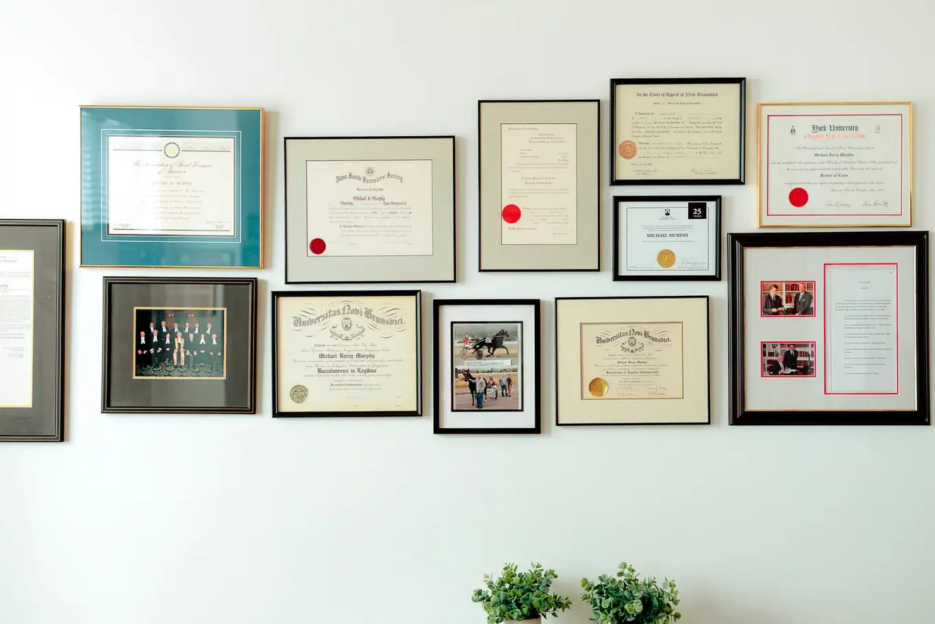 Framed certificates on the wall of the firm's Moncton office