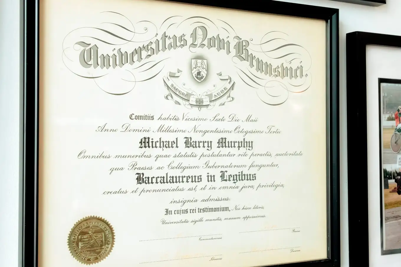 Michael Murphy's University of New Brunswick law degree on the office wall
