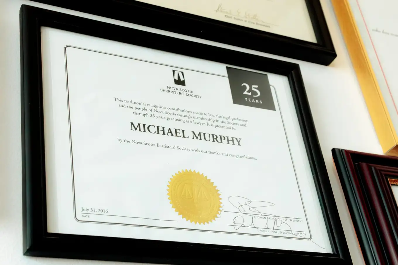 A Nova Scotia Barristers' Society twenty-five year certificate in Michael Murphy's name