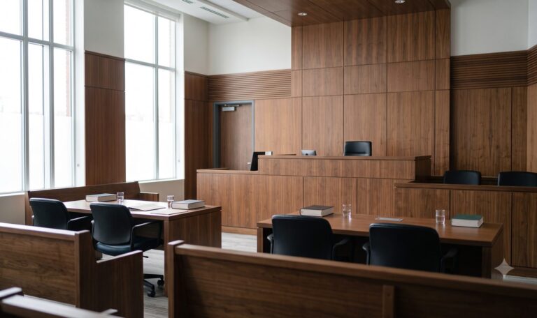 Empty modern wood-panelled Canadian courtroom