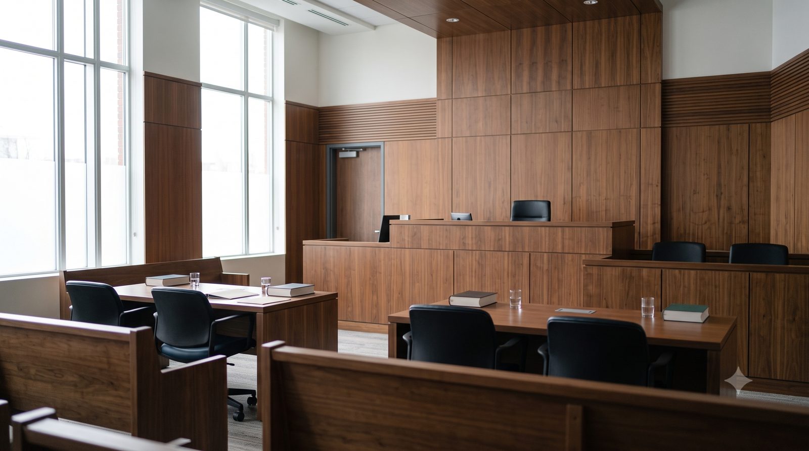 Suing for a Slip and Fall on Ice in New Brunswick 3 Empty modern wood-panelled Canadian courtroom
