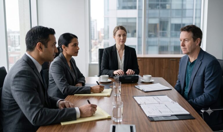 Witness answering questions at an examination for discovery while a court reporter types