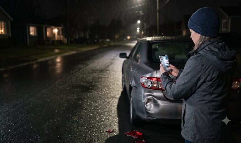 Driver photographing hit-and-run damage to their parked car at night