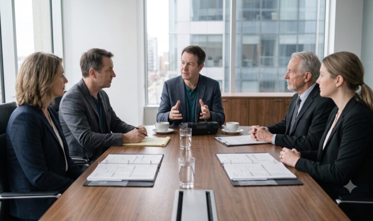 Mediator guiding a settlement discussion between two parties and their lawyers