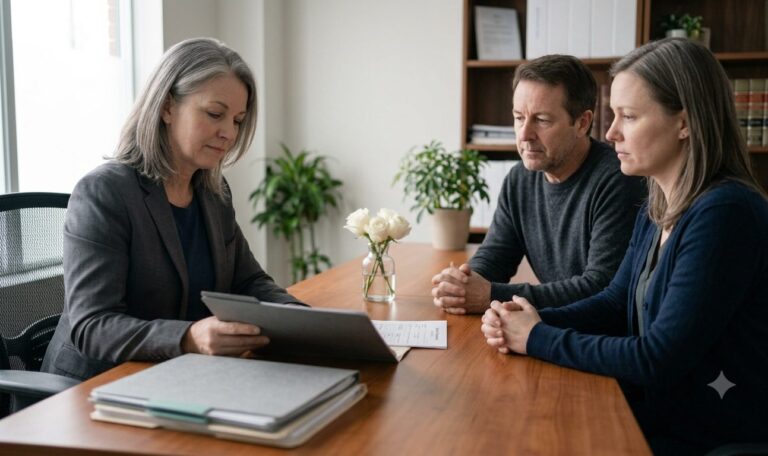 Lawyer reviewing estate documents with two family members