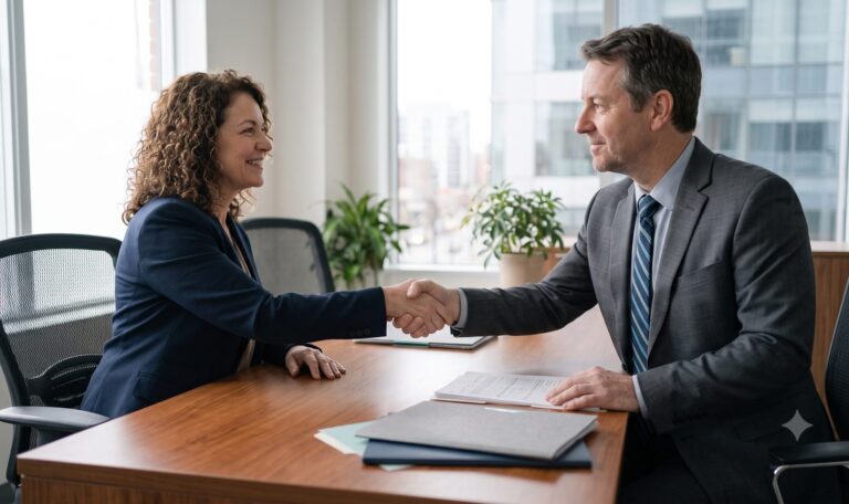 Lawyer and client shaking hands across a desk