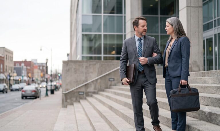 Two lawyers talking as they descend courthouse steps