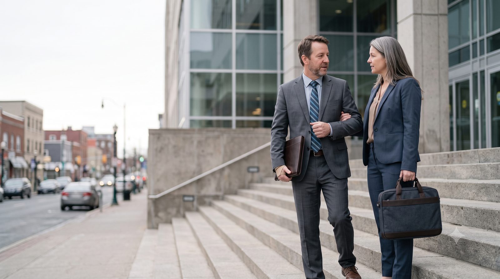 Suing for a Slip and Fall on Ice in New Brunswick 2 Lawyers on courthouse steps discussing a slip and fall lawsuit