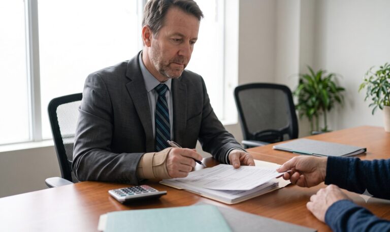 Insurance adjuster sliding settlement paperwork toward a claimant wearing a wrist brace