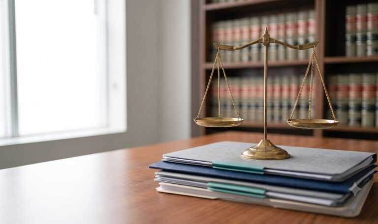 Brass scales of justice on legal files in front of law books