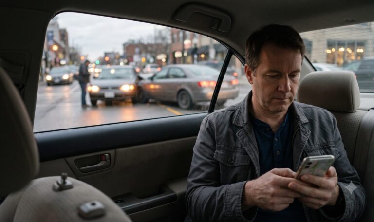 Uber passenger in the back seat checking his phone after a car accident