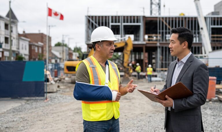 Injured construction worker with his arm in a sling consulting a lawyer on a job site